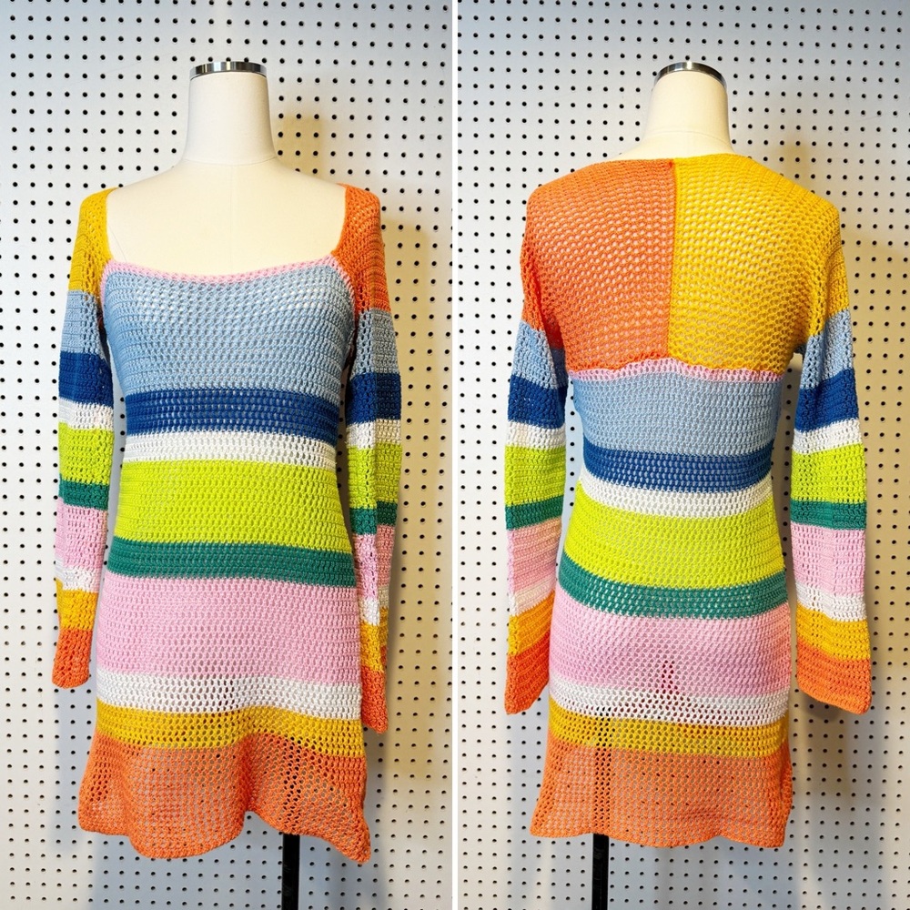 Crochet‎ Colorful Rainbow Knit Striped Square Neck Mini Sweater Dress